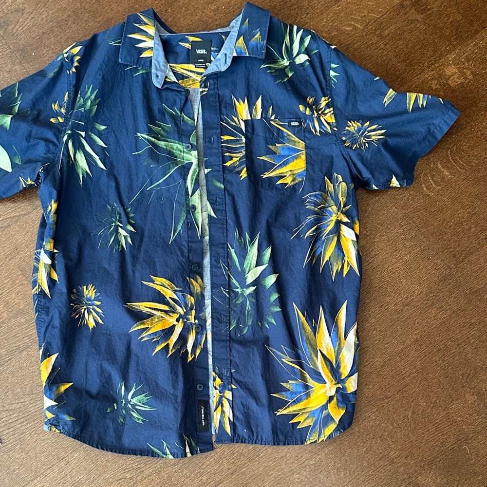 Vans Men's Navy and Yellow Tropical Shirt L